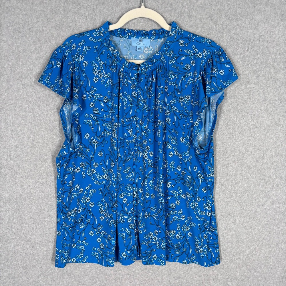CeCe Blouse XL Floral Ruffle Button Front Slinky Liquid Knit‎ Cottage Flutter